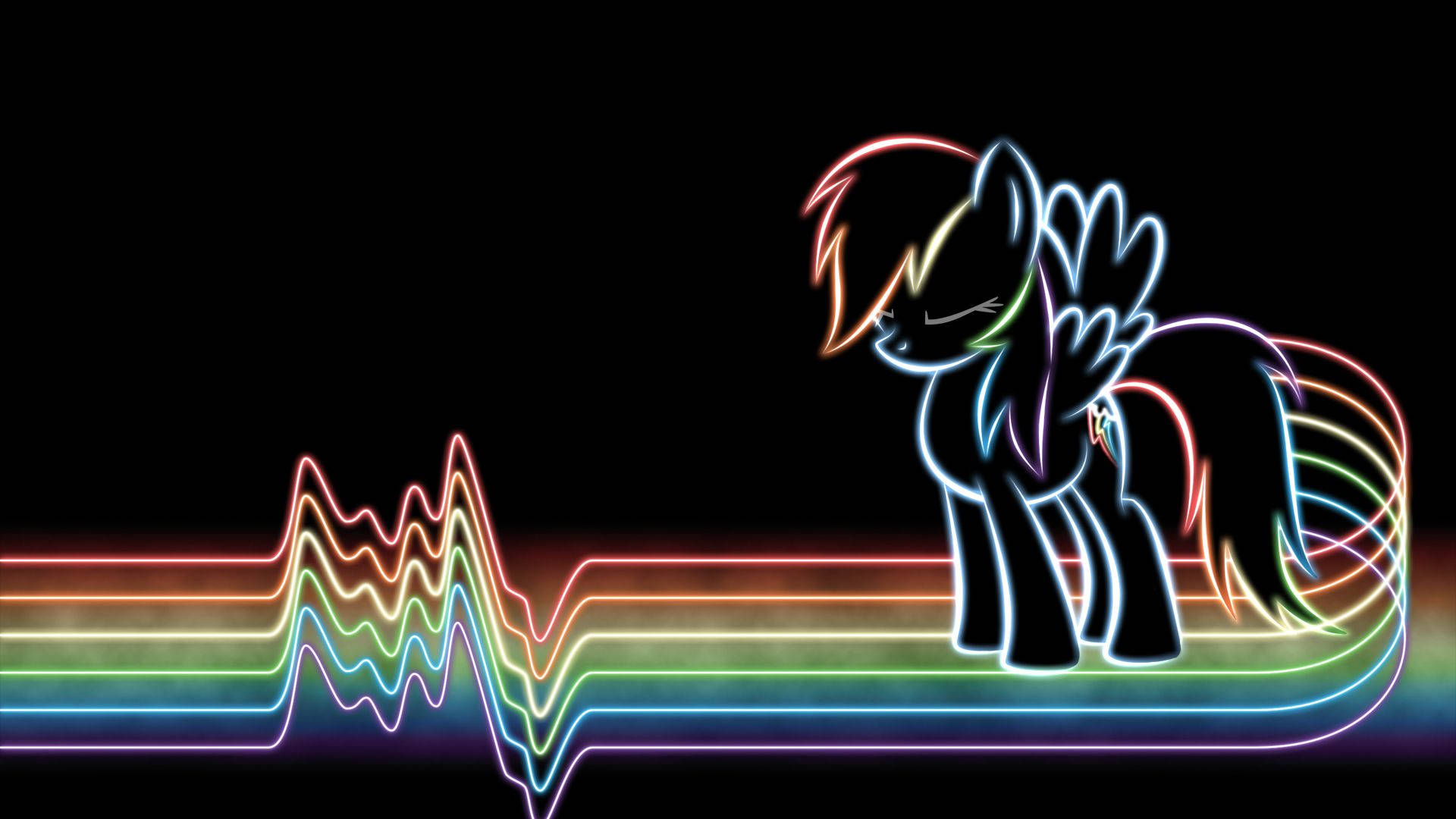 My Little Pony Desktop 桌布 壁紙 — 一匹發光霓虹小馬站在黑色背景上閃爍的彩虹心跳線旁邊。