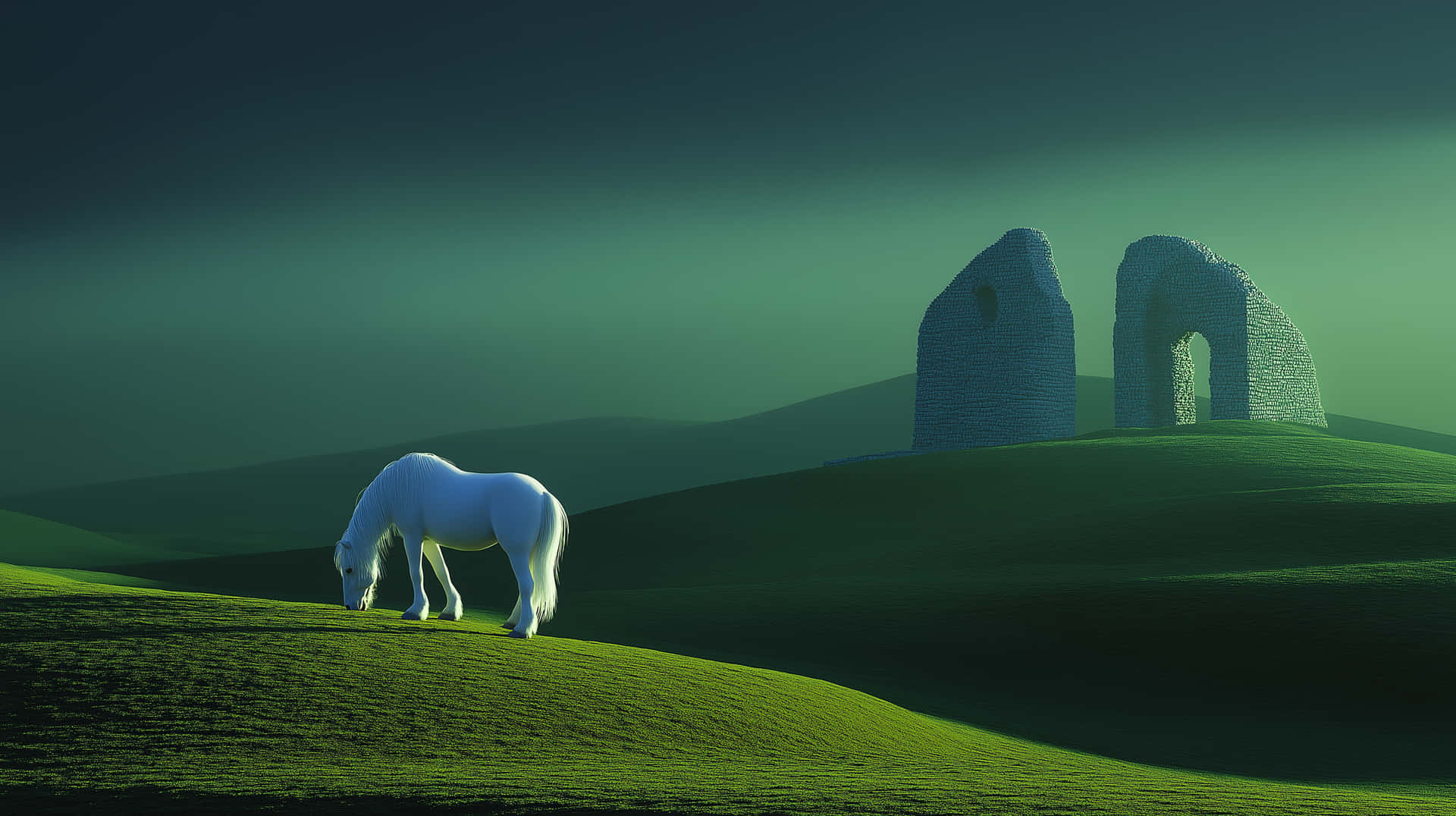 White Horse Grazing Near Ancient Ruins on Green Hills 壁紙 — 一匹白馬在遠處有古老石拱門的陰沉青綠色天空下，在充滿活力的綠色山丘上吃草。
