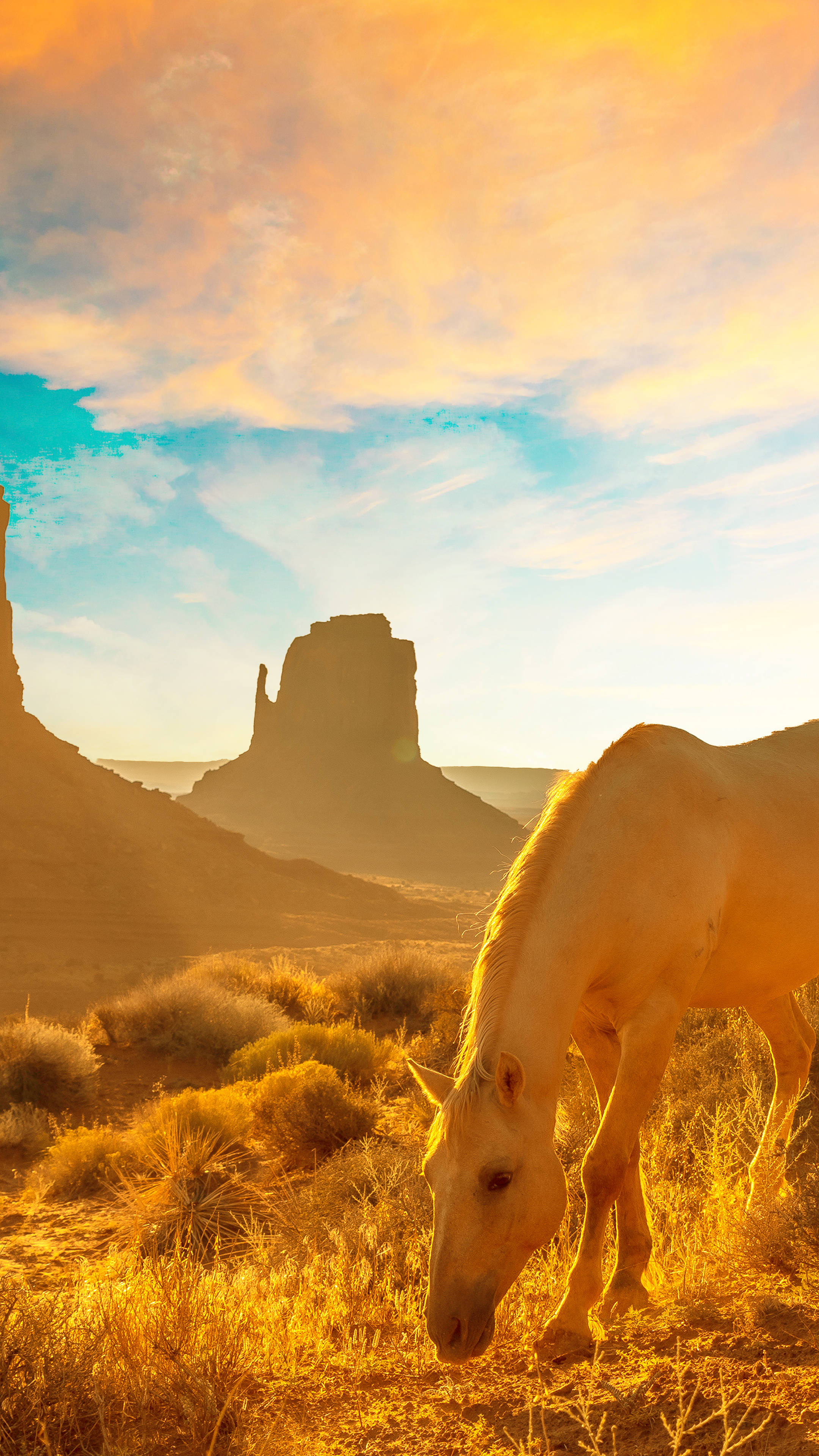 Desert 桌布 壁紙 — 一匹白馬在金色沙漠草地上吃草，背景是充滿活力的日落天空和高聳的岩層。