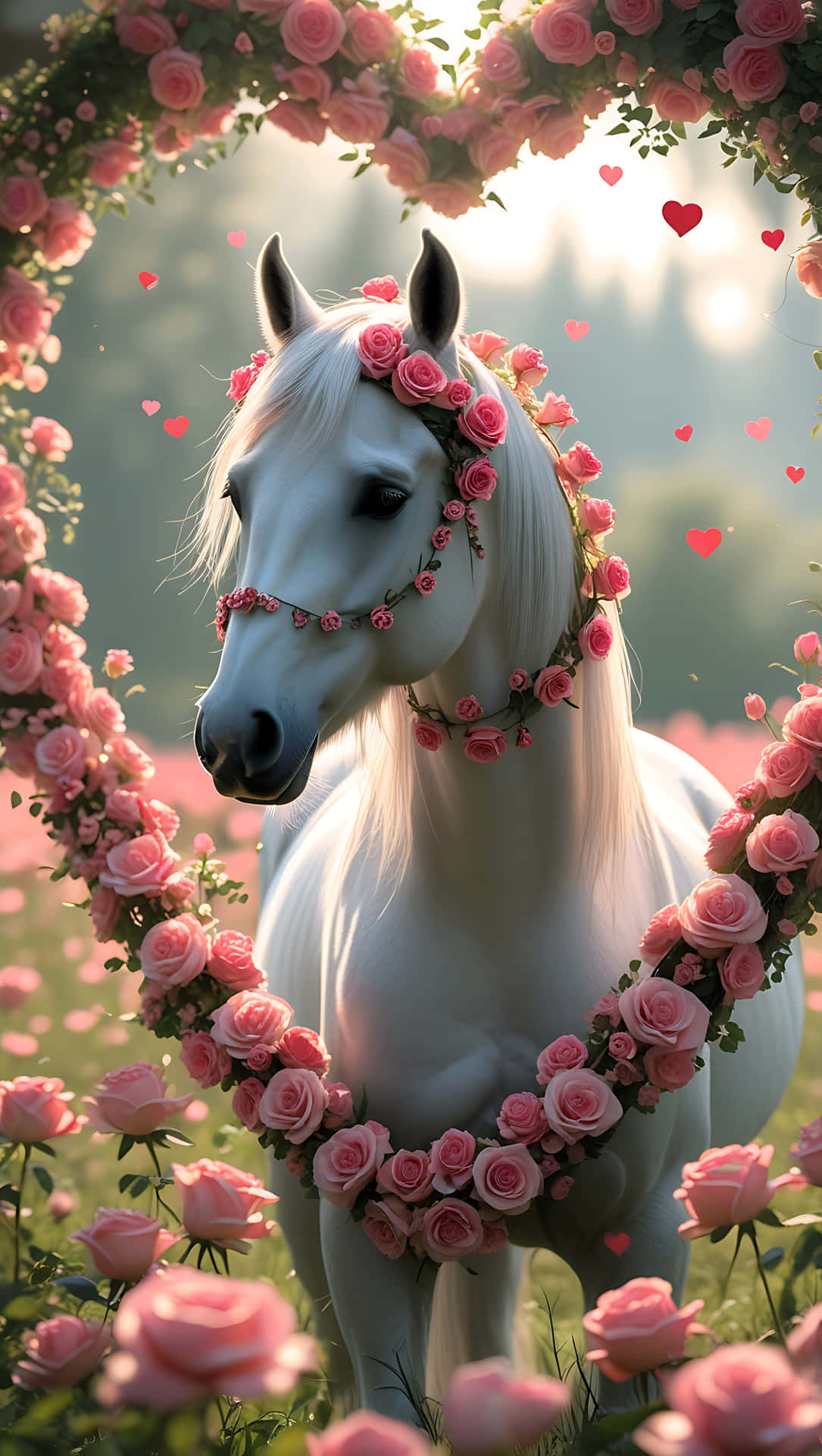 Cute Horse with Floral Wreath – Valentine Love Animal Wallpaper 壁紙 — 一匹純潔的白馬，飾以粉紅玫瑰環，在柔和的金色光芒下，優雅地站在盛開玫瑰的心形拱門內。