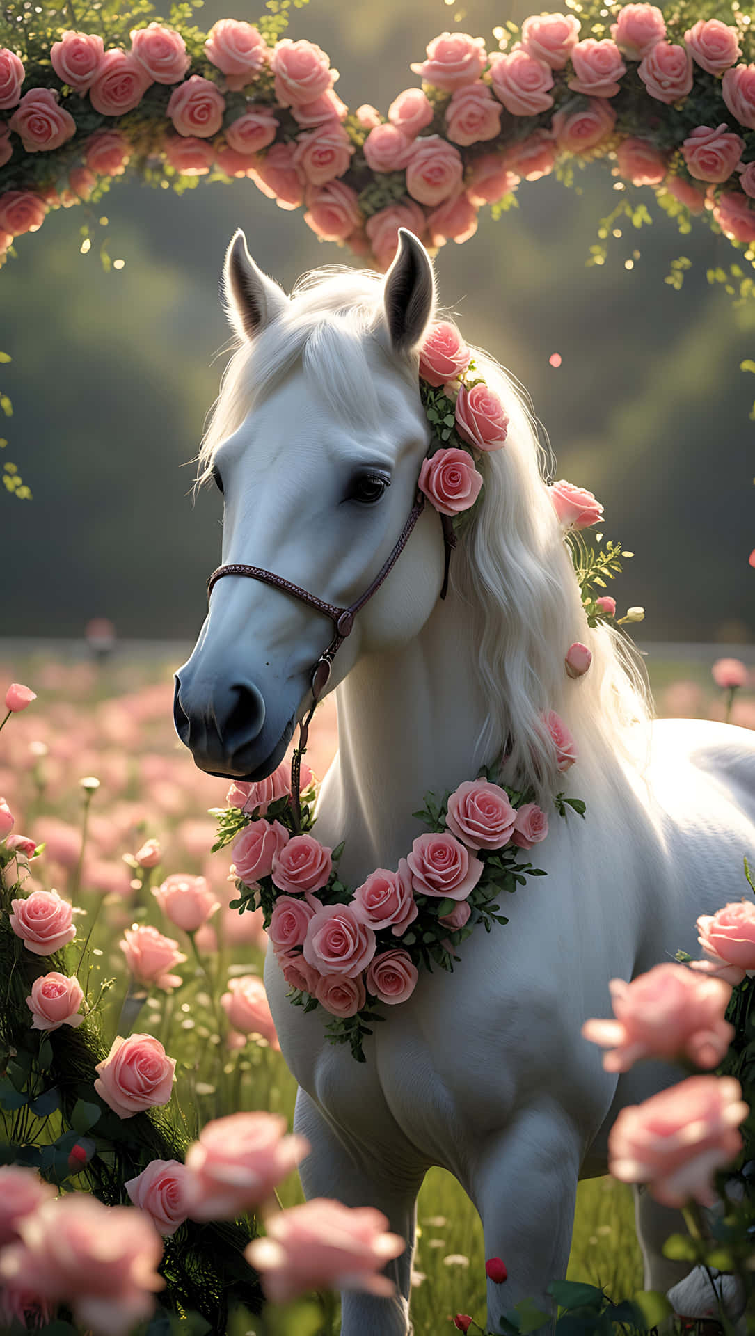 Cute Horse with Floral Wreath – Valentine Love Animal Wallpaper 壁紙 — 一匹純潔的白馬，飾以粉紅玫瑰花環，站在陽光普照的玫瑰花田中的花拱下。