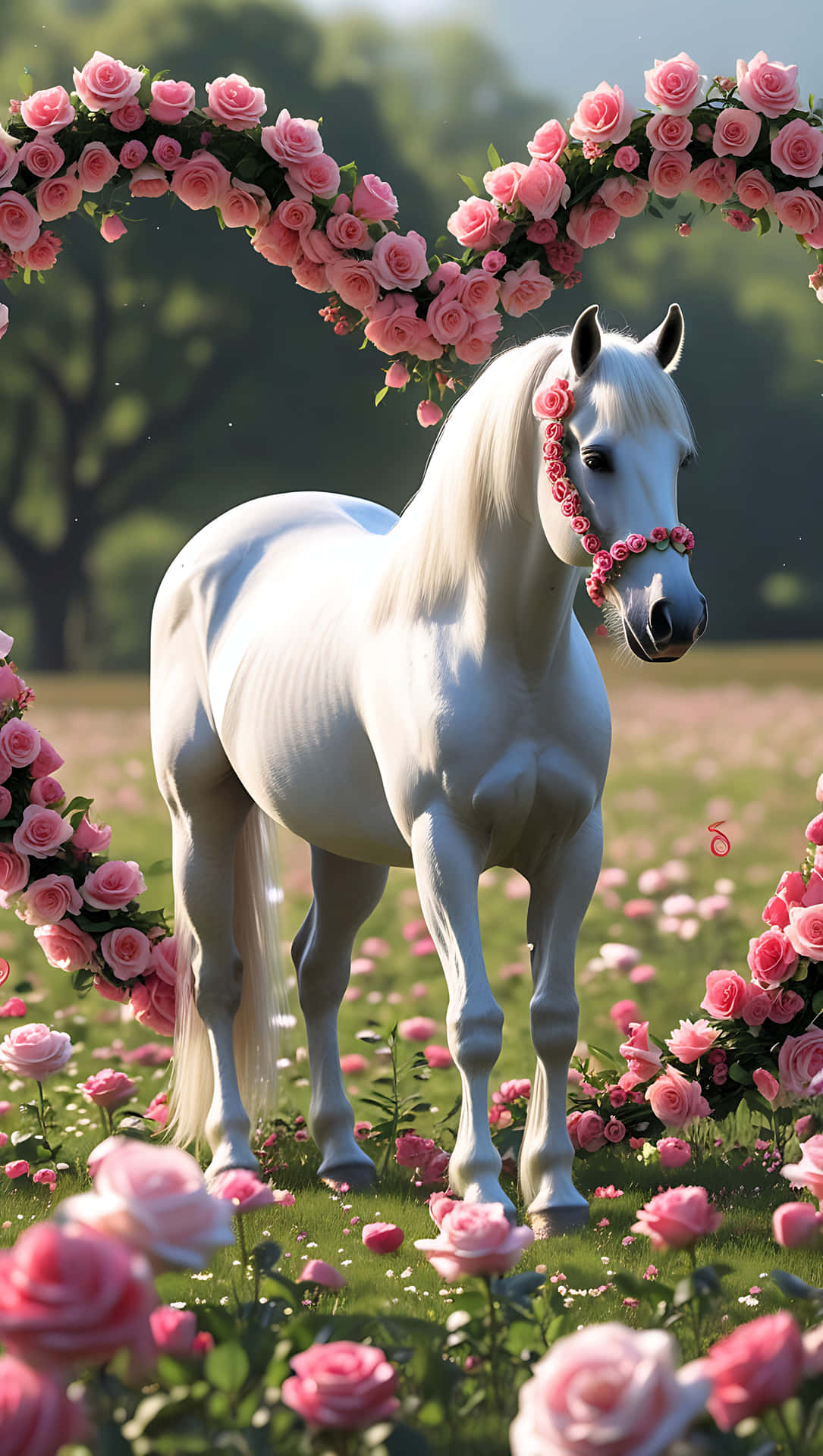 Cute Horse with Floral Wreath – Valentine Love Animal Wallpaper 壁紙 — 一匹純潔的白馬優雅地站在粉紅玫瑰田中，頭頂有花卉拱門框著。