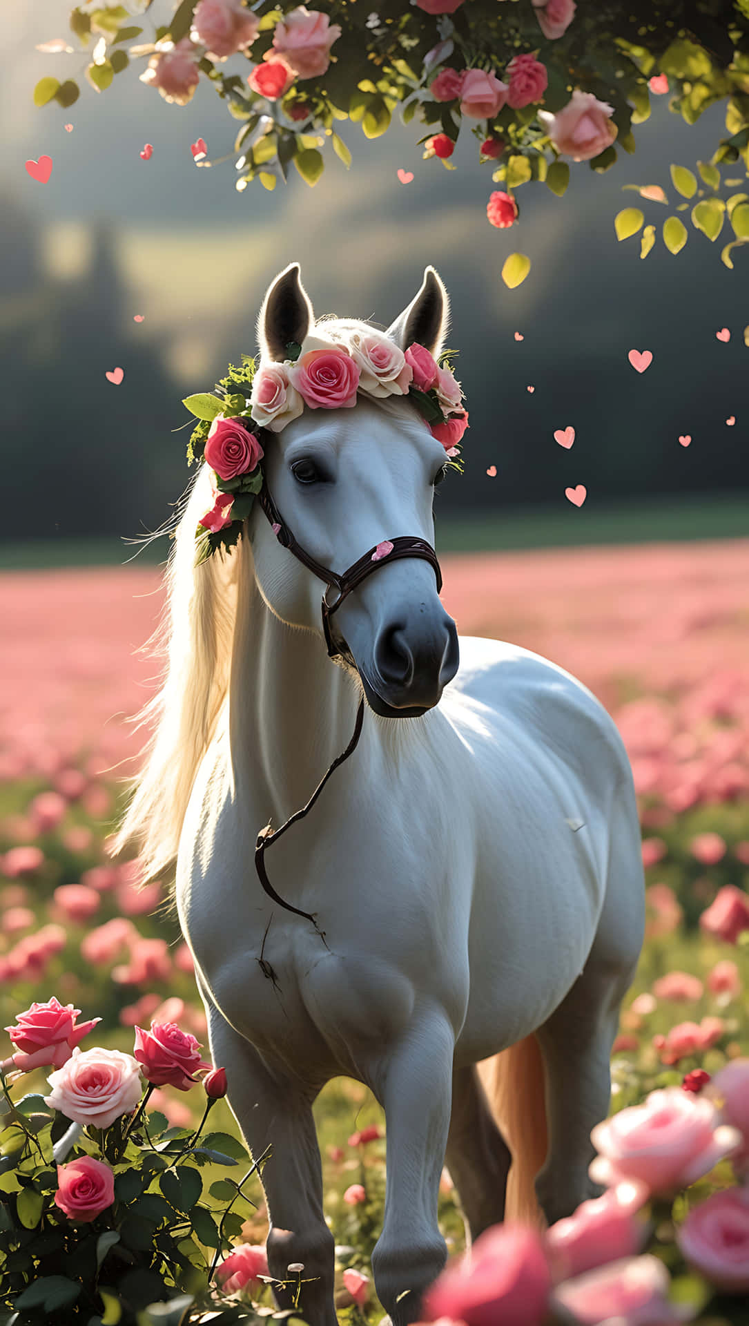 Cute Horse with Floral Wreath – Valentine Love Animal Wallpaper 壁紙 — 一匹純潔的白馬戴著粉紅玫瑰冠，優雅地站在陽光明媚的盛開粉紅玫瑰田野中，周圍漂浮著愛心。