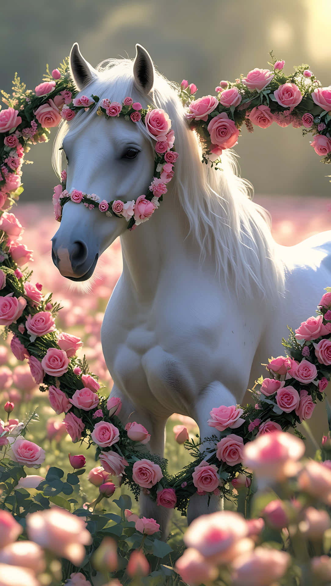 Cute Horse with Floral Wreath – Valentine Love Animal Wallpaper 壁紙 — 一匹純潔的白馬戴著粉紅玫瑰環，優雅地站在陽光普照的玫瑰田中的心形花拱內。