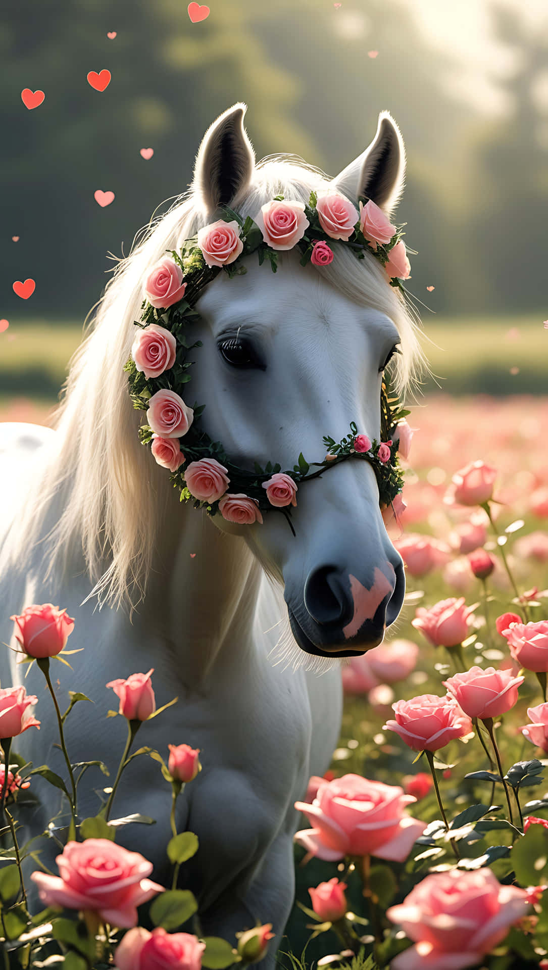 Cute Horse with Floral Wreath – Valentine Love Animal Wallpaper 壁紙 — 一匹純潔的白馬戴著粉紅玫瑰編織的花環，優雅地站在陽光普照、盛開粉紅玫瑰的田野中，周圍漂浮著愛心。