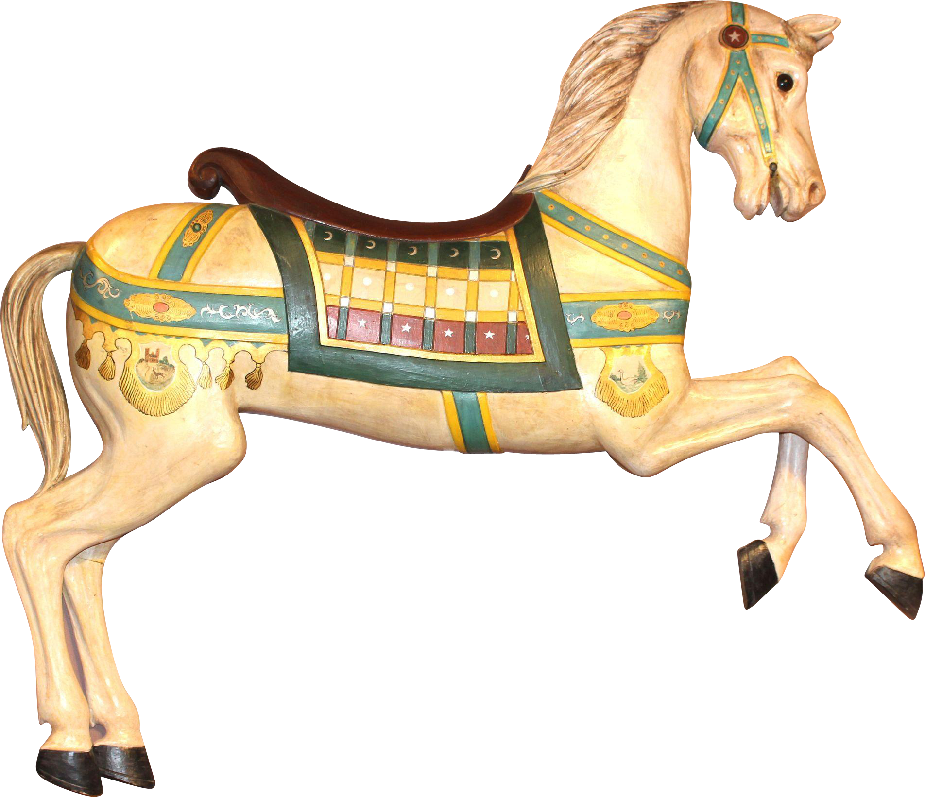 carousel 桌布 壁紙 — 一匹繪有華麗綠色、黃色和紅色圖案的美麗旋轉木馬，在黑色背景上蓄勢待發。