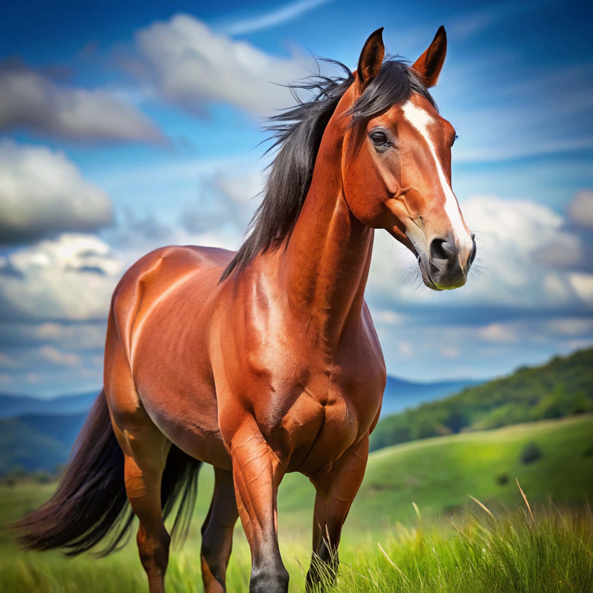 Horse 壁紙 — 一匹肌肉發達的栗色馬，有著黑色鬃毛和白色星斑，在陽光明媚的綠色田野中警覺地站立，背景是藍天白雲。