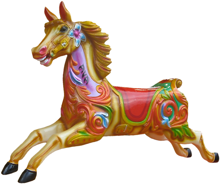 carousel 桌布 壁紙 — 一匹色彩繽紛的旋轉木馬，帶有漩渦圖案和花卉韁繩，在純黑背景上靜止不動。