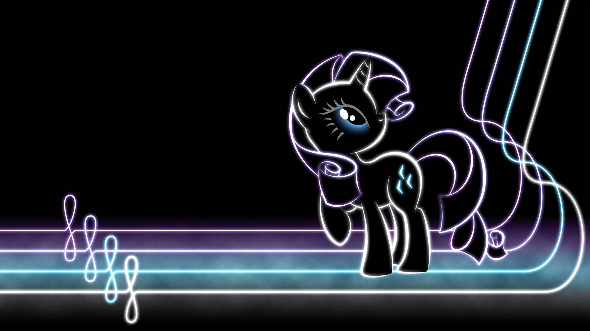 My Little Pony Desktop 桌布 壁紙 — 一匹藍眼睛的黑色小馬的發光霓虹輪廓站在黑暗背景上的音符旁邊。
