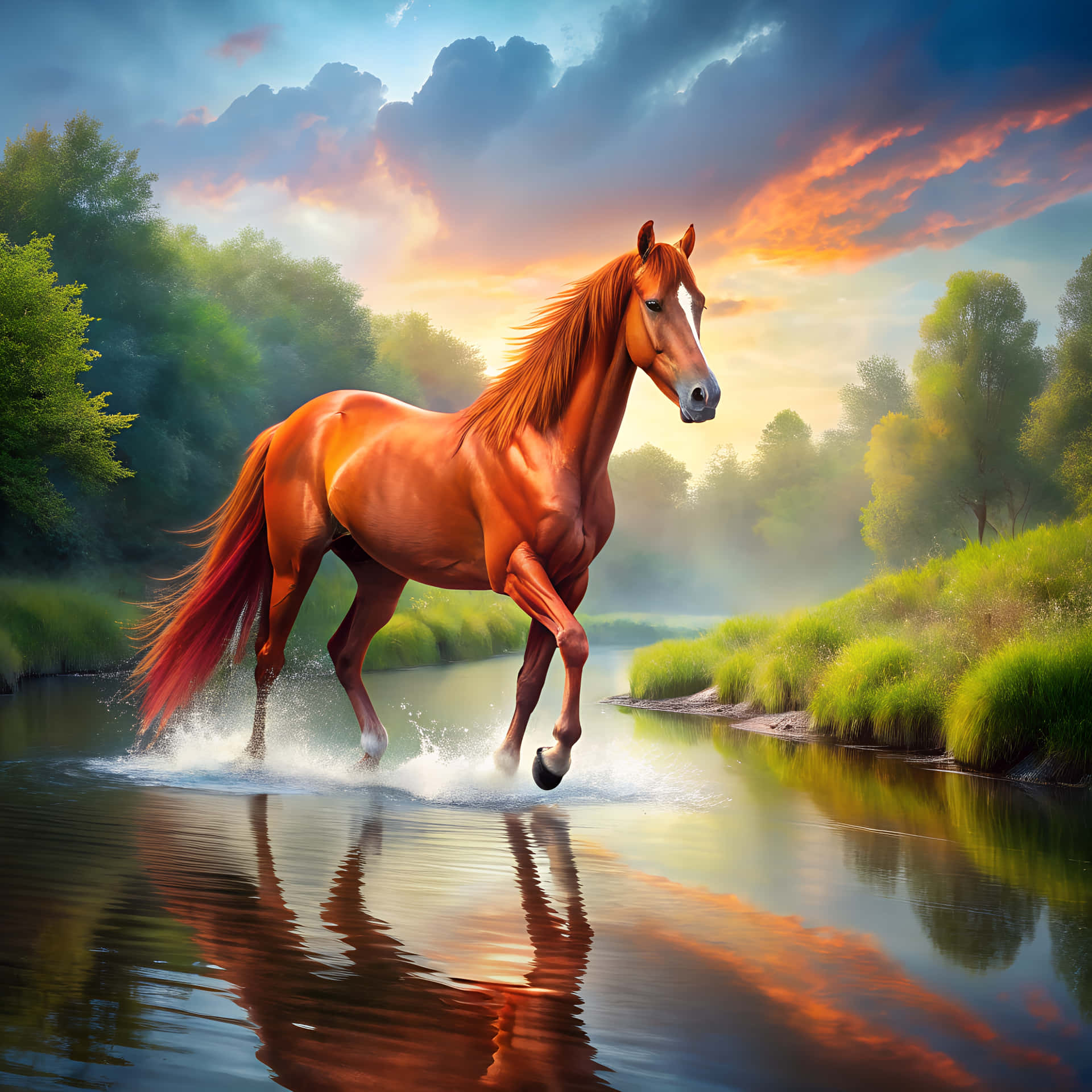 Horse on a river 壁紙 — 一匹雄偉的栗色馬在日落時分奔騰穿過淺河，鮮豔的橙色雲朵和茂密的綠樹倒映在水中。