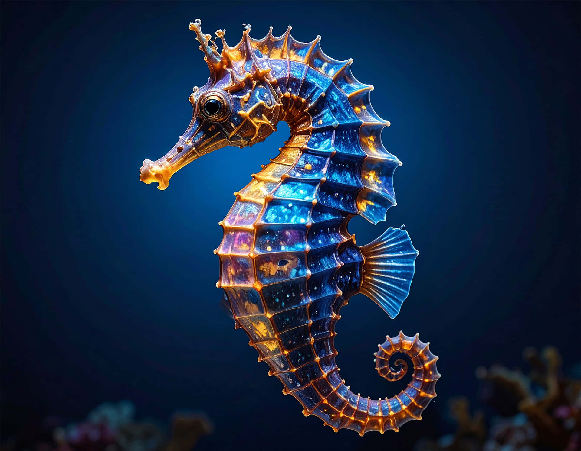 Seahorse 壁紙 — 一匹雄偉的海馬，帶有虹彩藍色和金色鱗片，在深海洋背景下發光。