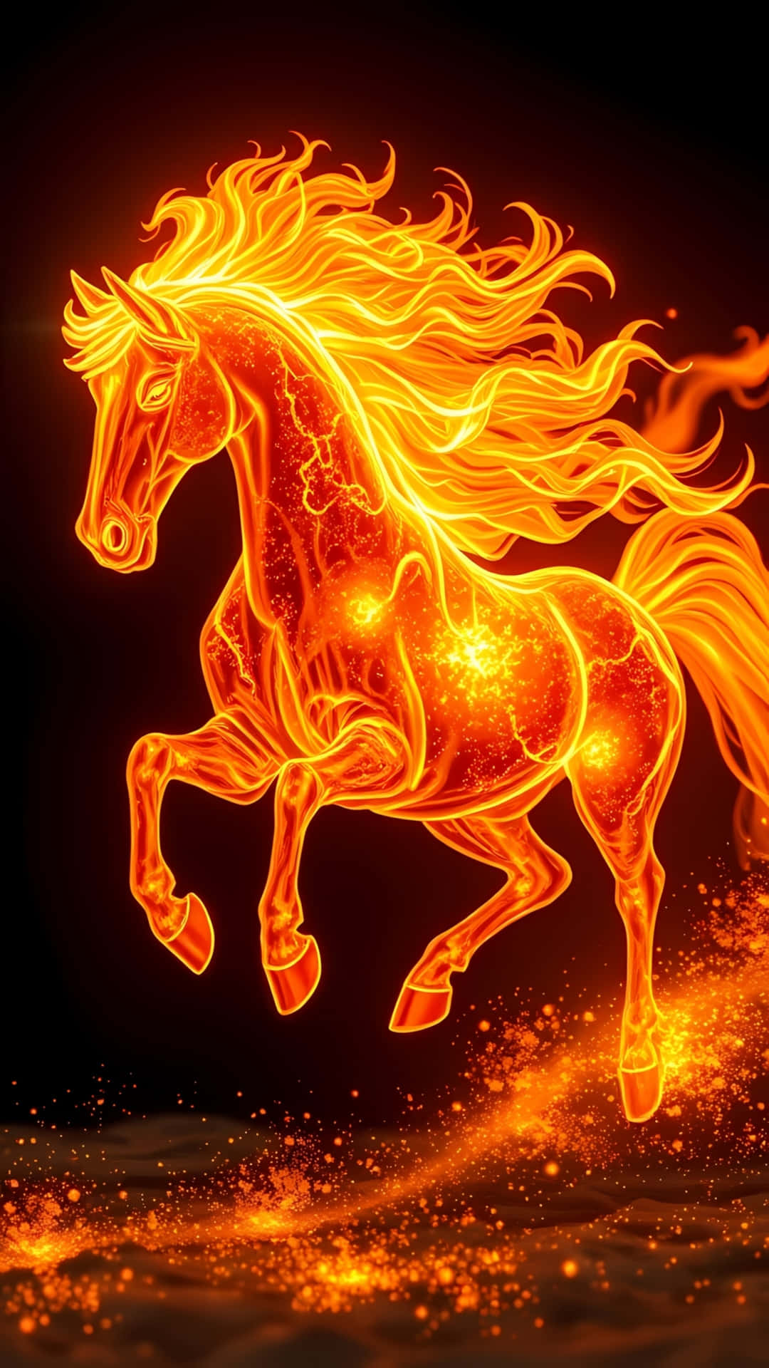Flaming Fire Horse Running in Darkness 壁紙 — 一匹雄偉的火馬向前奔馳，發光的橙色火焰形成其鬃毛、尾巴和身體，背景為黑色。