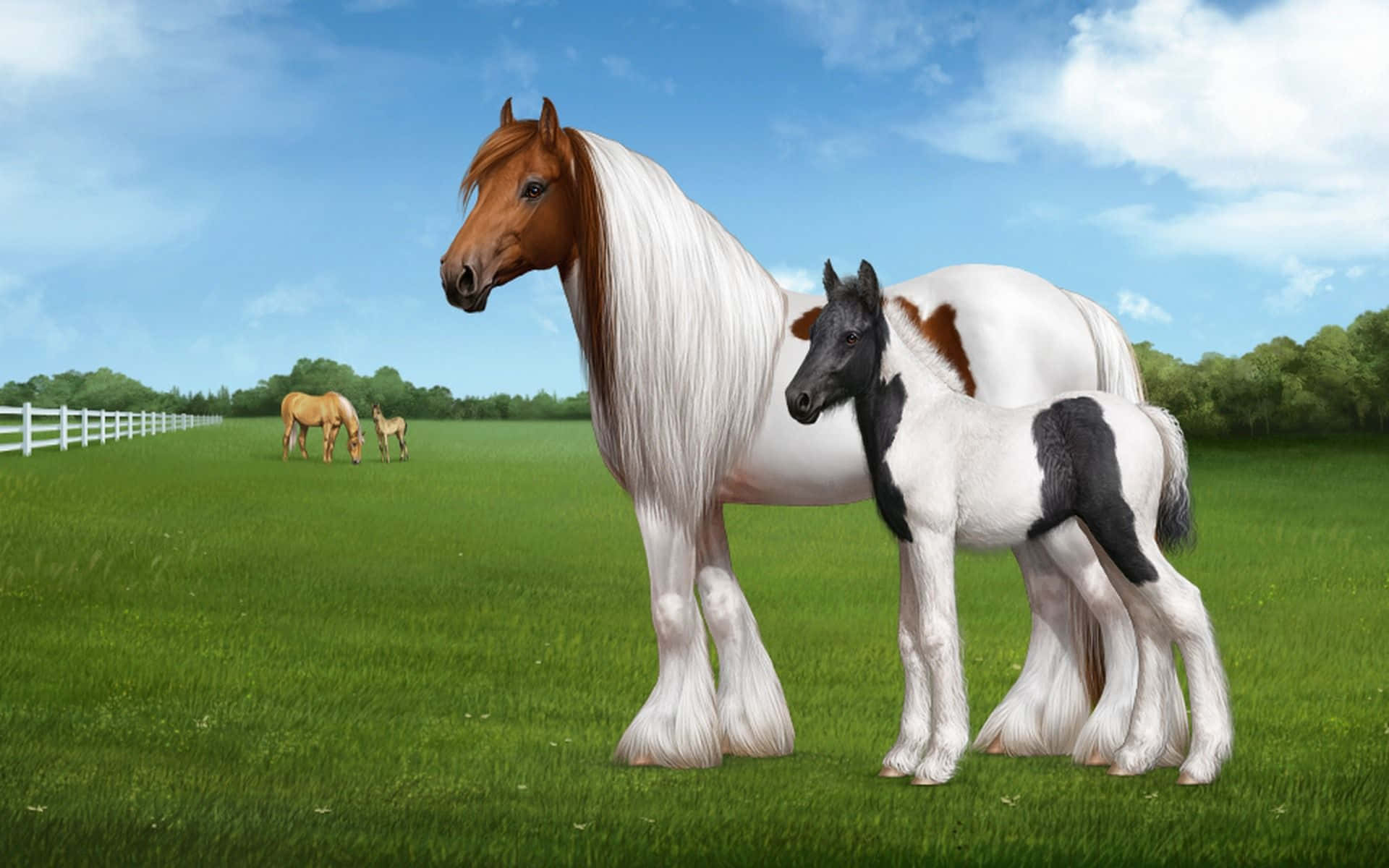 Pretty Horse 桌布 壁紙 — 一匹雄偉的白色和棕色成年馬保護性地站在其小黑白色小馬駒旁邊，在充滿活力的綠色牧場上，天空湛藍，雲朵蓬鬆。