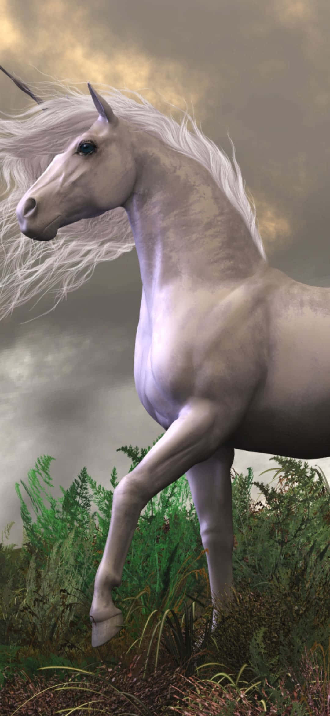 獨角獸 桌布 壁紙 — 一匹雄偉的白色獨角獸，鬃毛飄逸，在戲劇性的多雲天空下，奔馳過茂密的綠色蕨類植物。