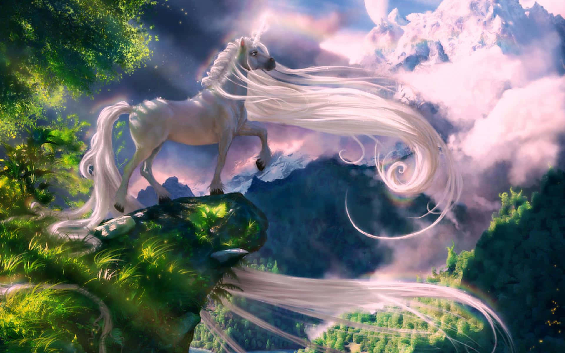 3d Unicorn 桌布 壁紙 — 一匹雄偉的白色獨角獸，鬃毛飄逸，站在長滿青苔的懸崖上，俯瞰夢幻暮色天空下的山谷。