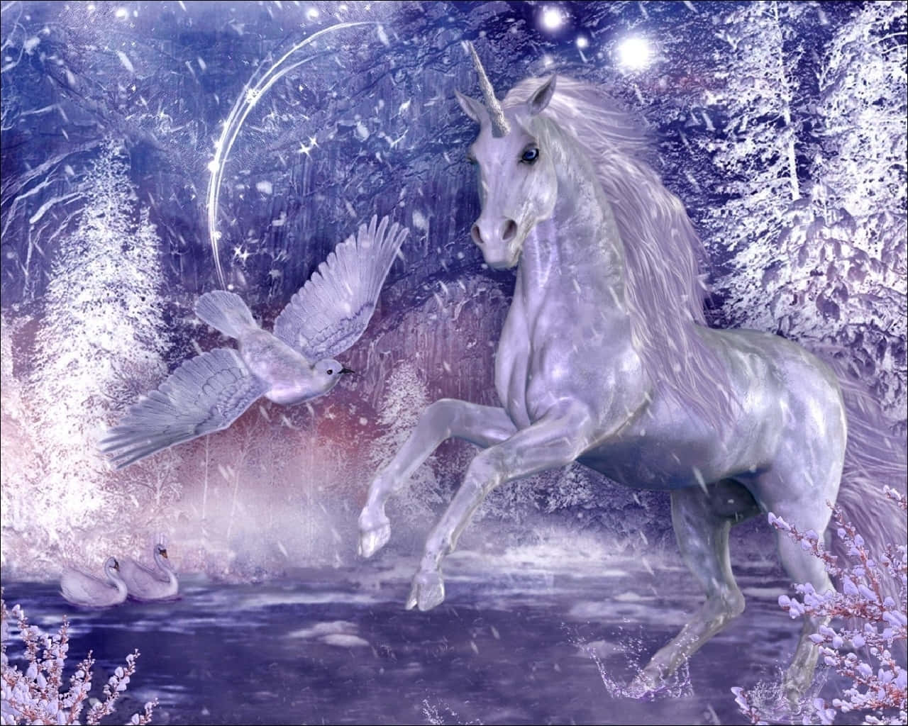 Snowy Forest 桌布 壁紙 — 一匹雄偉的白色獨角獸在雪地森林中揚起，一隻鴿子飛過，天鵝在附近休息，星空月光下。