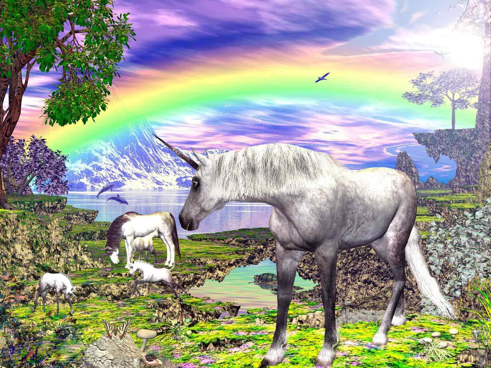 Unicorn Coloring 桌布 壁紙 — 一匹雄偉的白色獨角獸站在充滿活力的幻想草地上，一道鮮豔的彩虹橫跨寧靜的湖泊和白雪覆蓋的山脈。