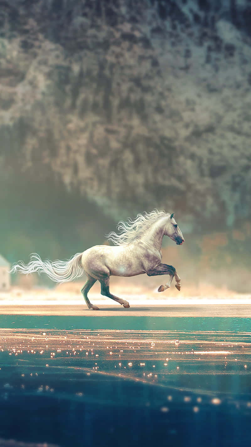 Mustang Horse 桌布 壁紙 — 一匹雄偉的白馬在閃爍的反射表面上強勁奔馳，背景是霧氣繚繞的山巒。