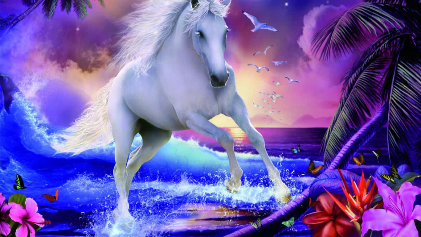 Magical Unicorn 桌布 壁紙 — 一匹雄偉的白馬在閃爍的藍色波浪中奔騰，背景是充滿活力的紫色日落天空，點綴著棕櫚樹和熱帶花卉。