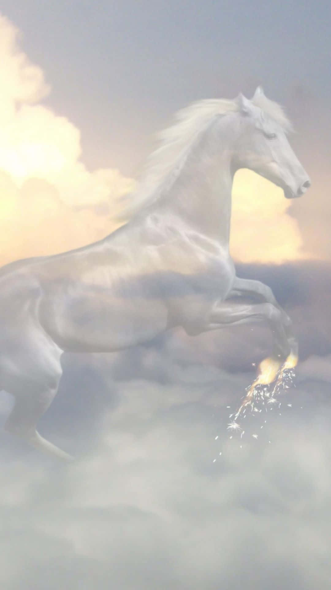 壁紙 — 一匹雄偉的白馬奔騰穿過柔軟的雲層，身後閃耀著金色光芒，蹄間拖曳著閃爍的粒子。