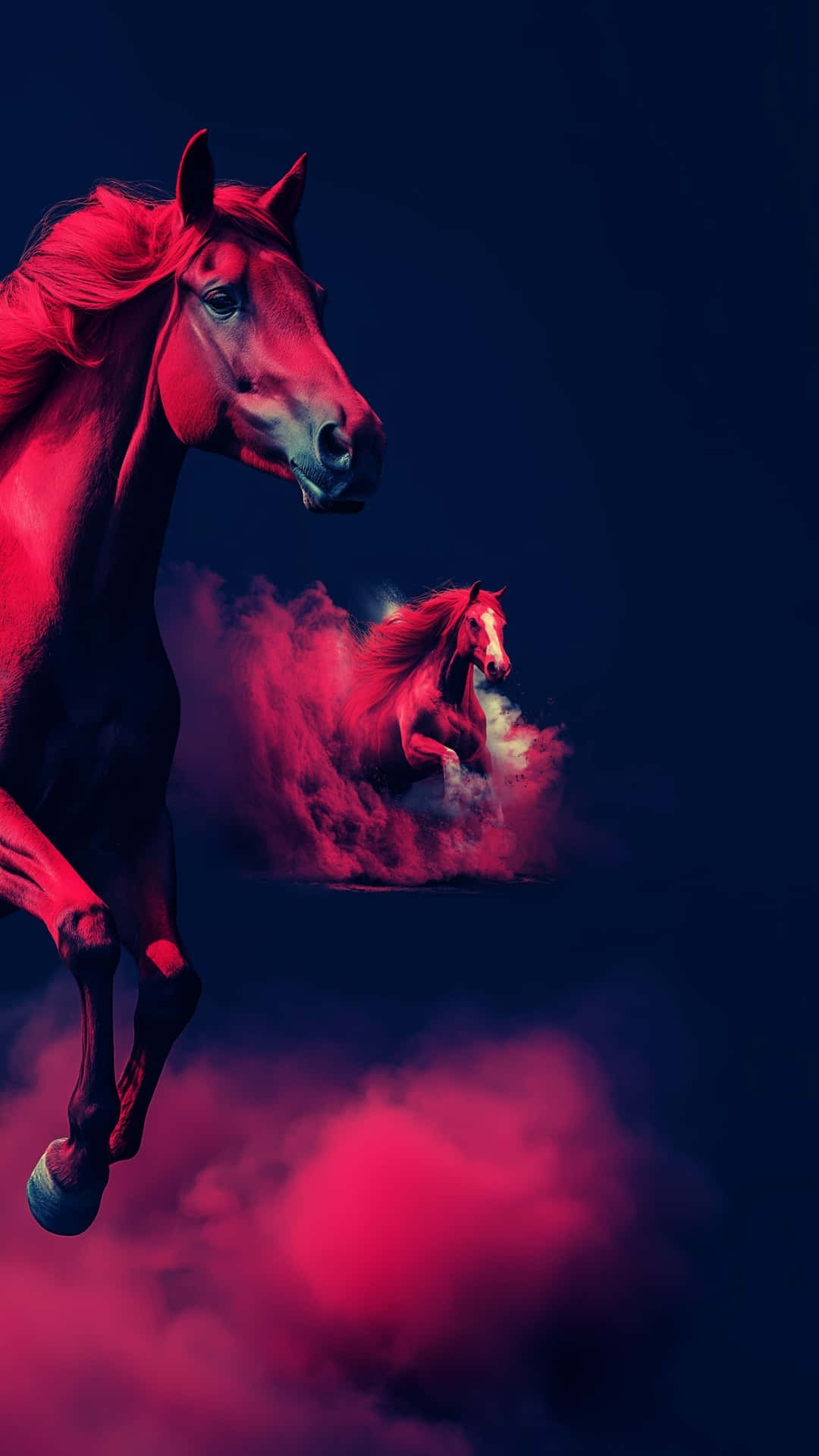 Vibrant red horses gallop through a mysterious dark blue realm amidst swirling magenta smoke 壁紙 — 一匹雄偉的紅馬穿過烏雲跳躍，另一匹馬從下方的粉紅色煙霧中出現。