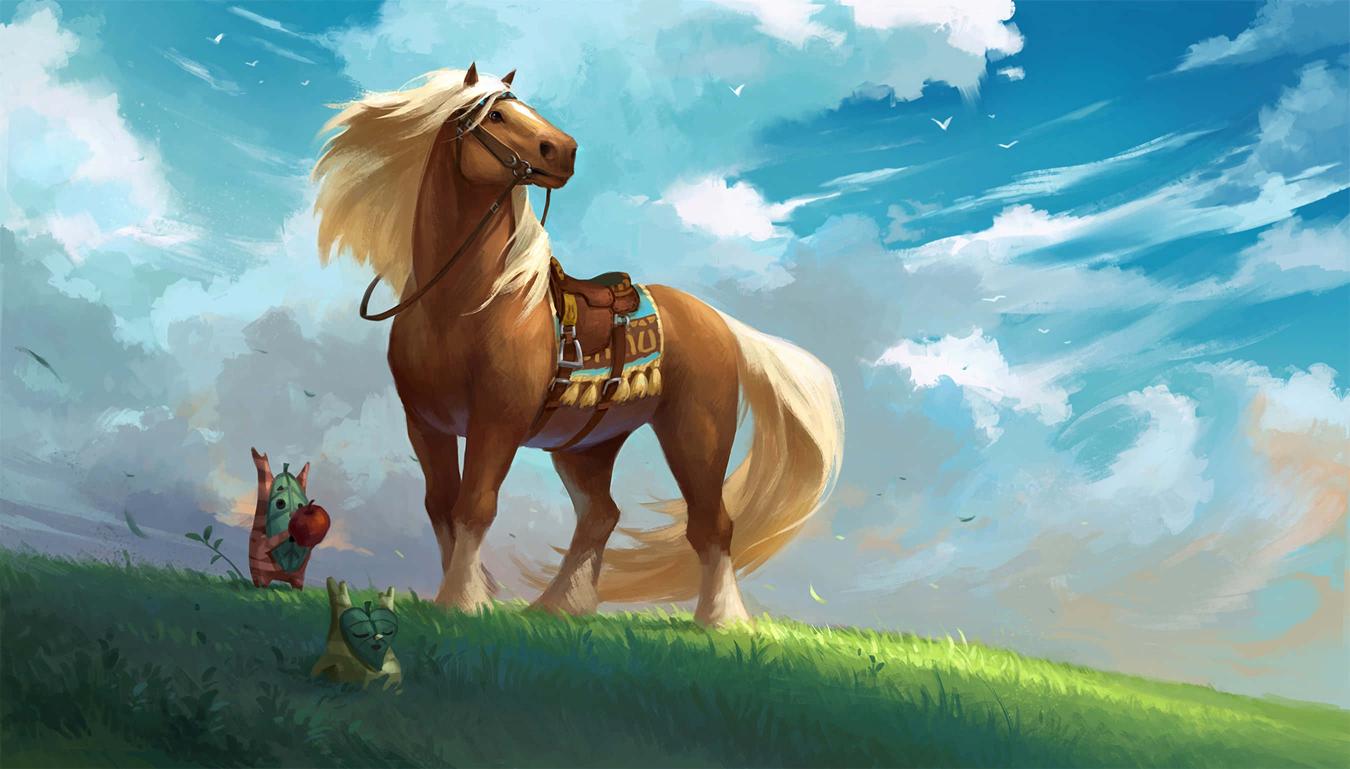 The Legend Of Zelda Epona 桌布 壁紙 — 一匹雄偉的金色駿馬，鬃毛飄逸，驕傲地站在長滿青草的山丘上，背景是點綴著蓬鬆白雲的鮮豔藍天。