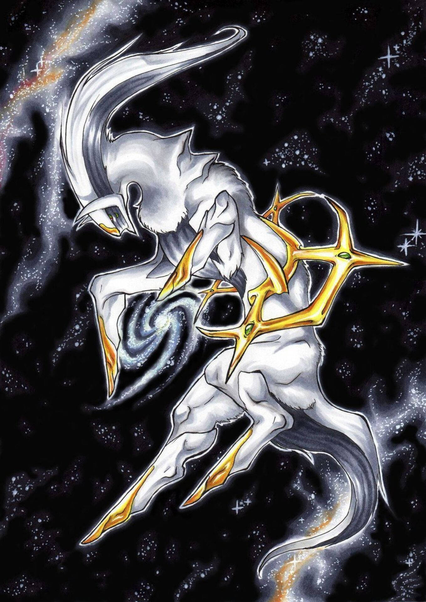 阿爾宙斯 桌布 壁紙 — 一匹雄偉的銀色和金色天馬奔騰而過，穿越星塵宇宙虛空，伴隨著旋轉星雲和閃爍星座。