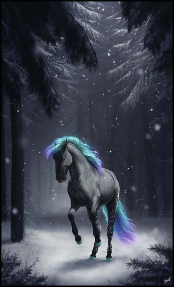 Cool Horse 桌布 壁紙 — 一匹雄偉的銀色駿馬，擁有發光的藍色和紫色鬃毛和尾巴，在飄雪中奔馳穿過雪地森林。