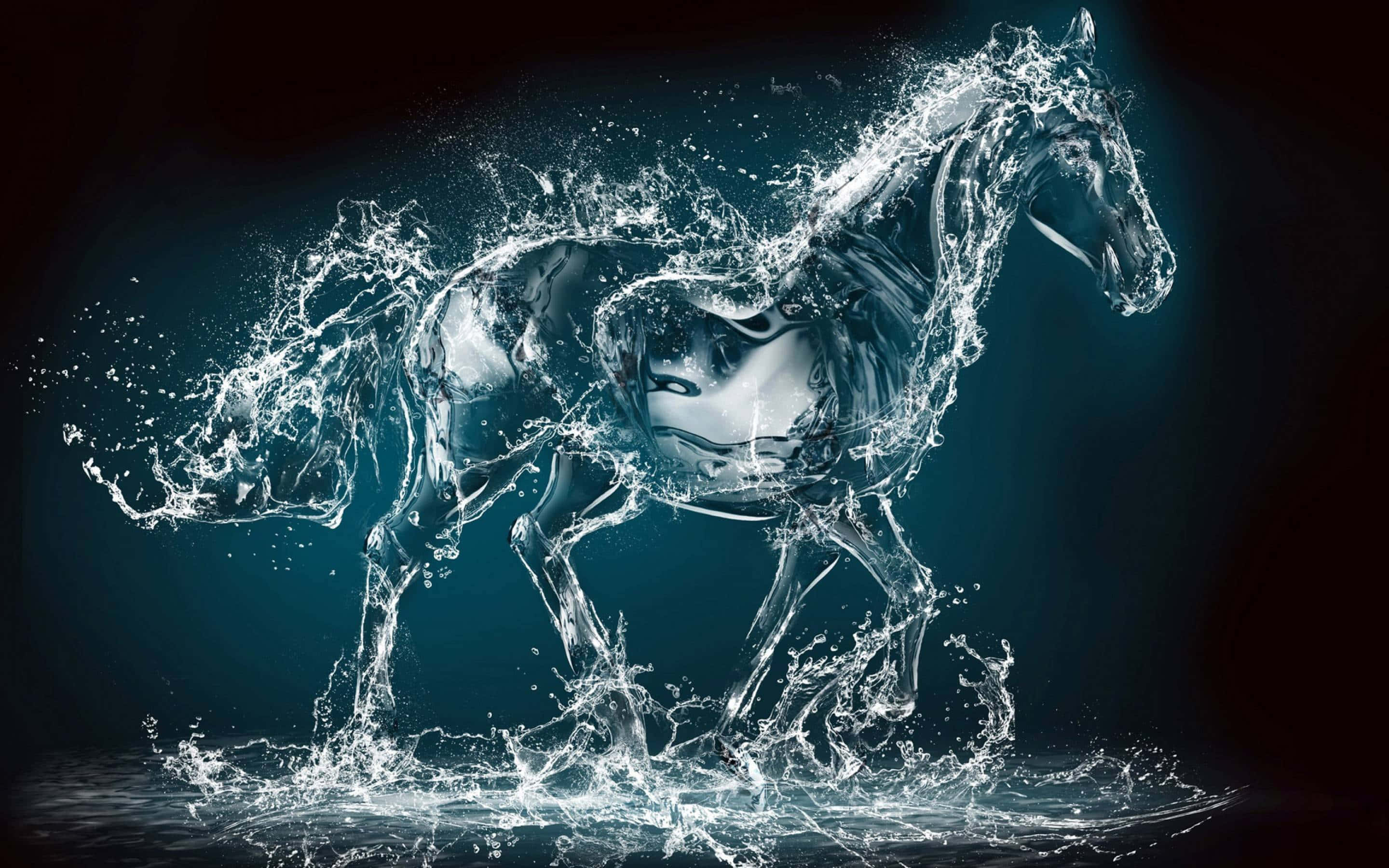 3d Water 桌布 壁紙 — 一匹雄偉的馬匹濺水奔騰，其形態由液體雕塑而成，襯以深藍綠色背景。