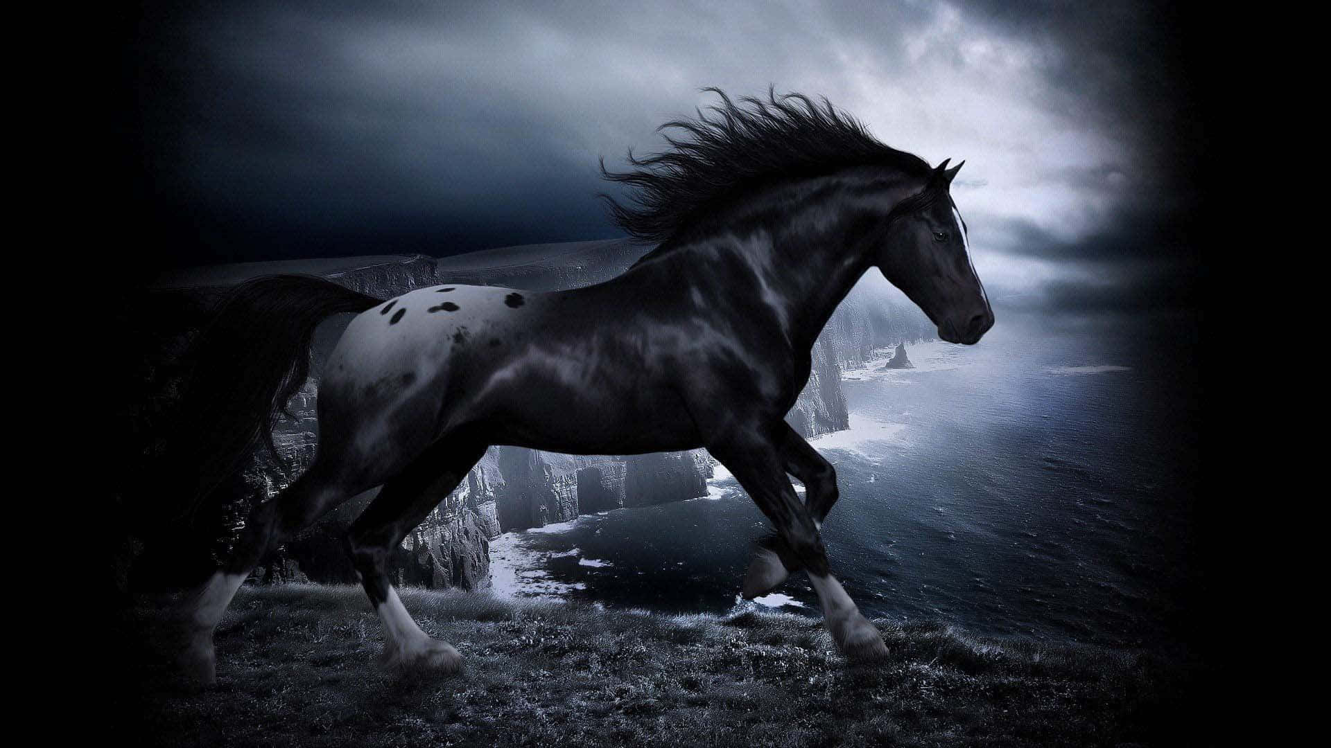  壁紙 — 一匹雄偉的黑白馬沿著暴風雨中的懸崖奔馳，俯瞰著陰暗多雲天空下洶湧的海浪。