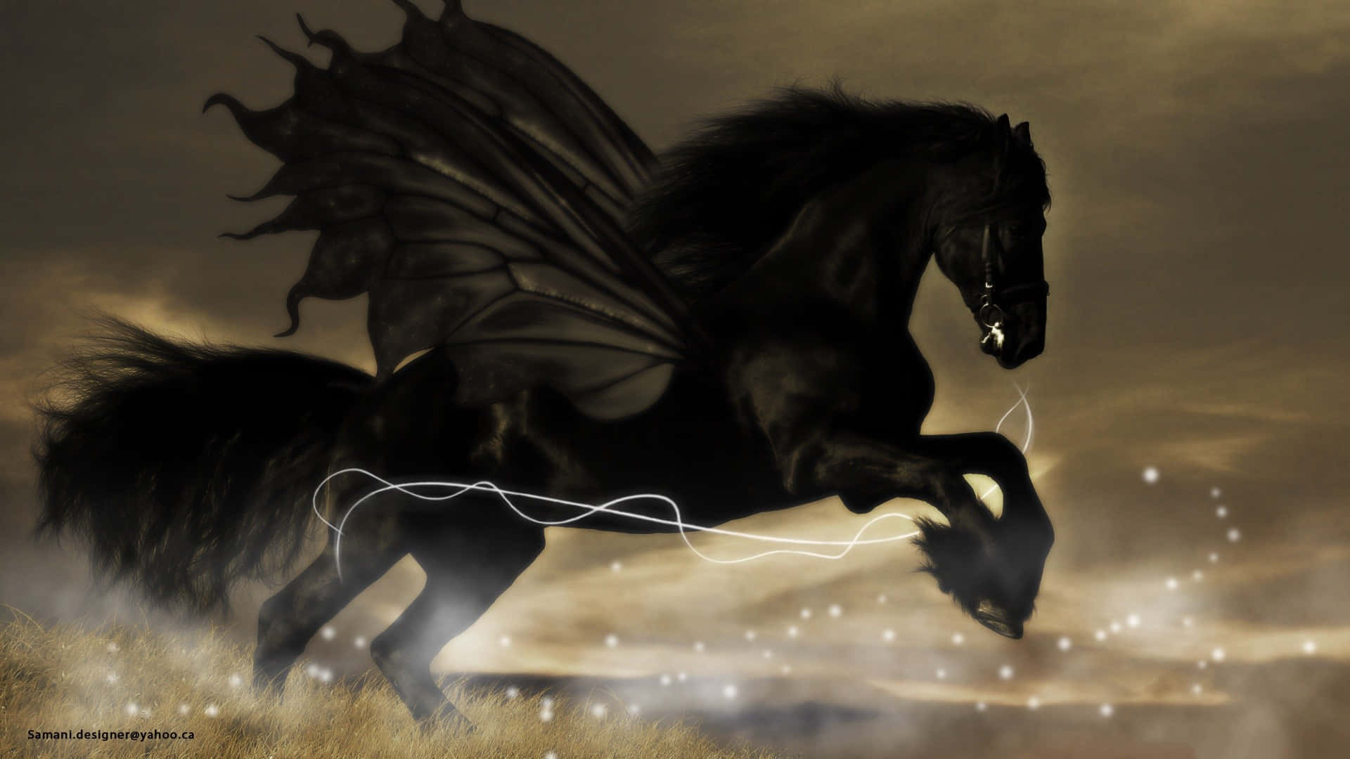 Black Horse 桌布 壁紙 — 一匹雄偉的黑色有翼馬在暴風雨的天空下奔馳過金色的田野，身後拖曳著發光的粒子。