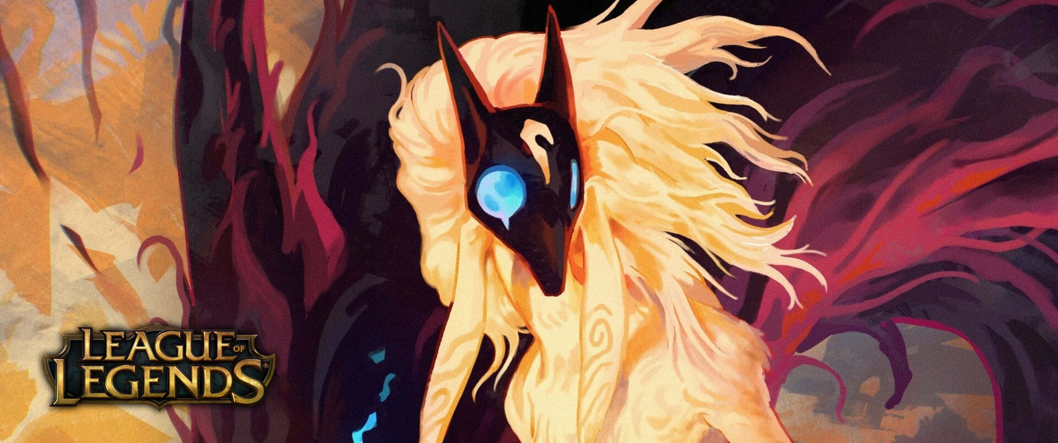 遊戲 桌布 壁紙 — 一匹雄偉的黑馬，擁有發光的藍色眼睛和飄逸的金色鬃毛，站在火紅的深紅和橙色背景前。