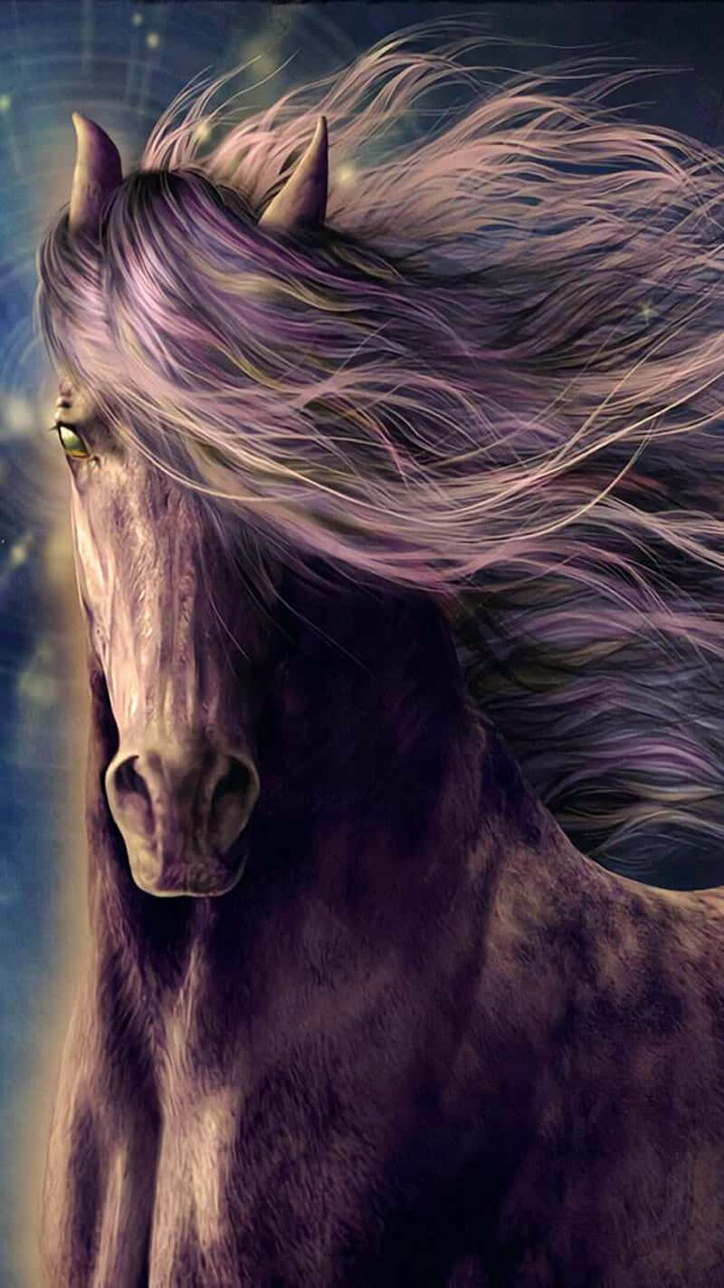 Beautiful Horse iPhone 桌布 壁紙 — 一匹雄偉的黑馬，飄逸著紫色鬃毛，閃爍著發光的眼睛，奔騰在宇宙星空中。