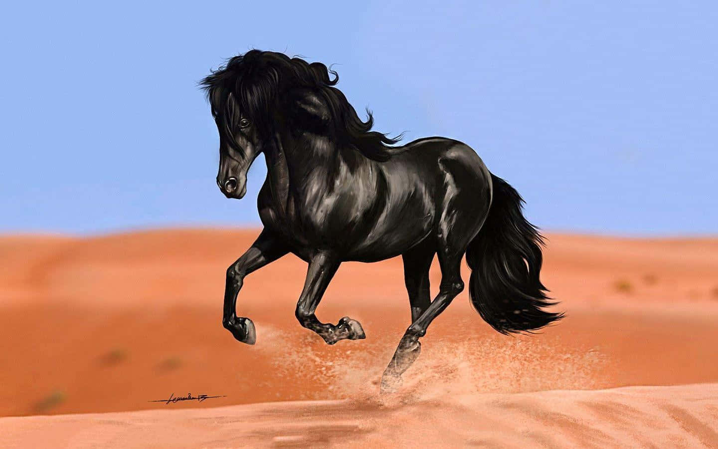 Black Horse 桌布 壁紙 — 一匹雄偉的黑馬在晴朗的藍天下，強而有力地奔馳在廣闊的橙色沙漠上。
