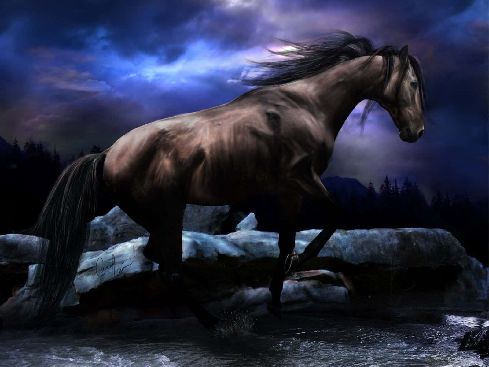 Cool Horse 桌布 壁紙 — 一匹雄偉的黑馬在月光照耀的河流中，越過冰石，奔騰在暴風雨黃昏的天空下。