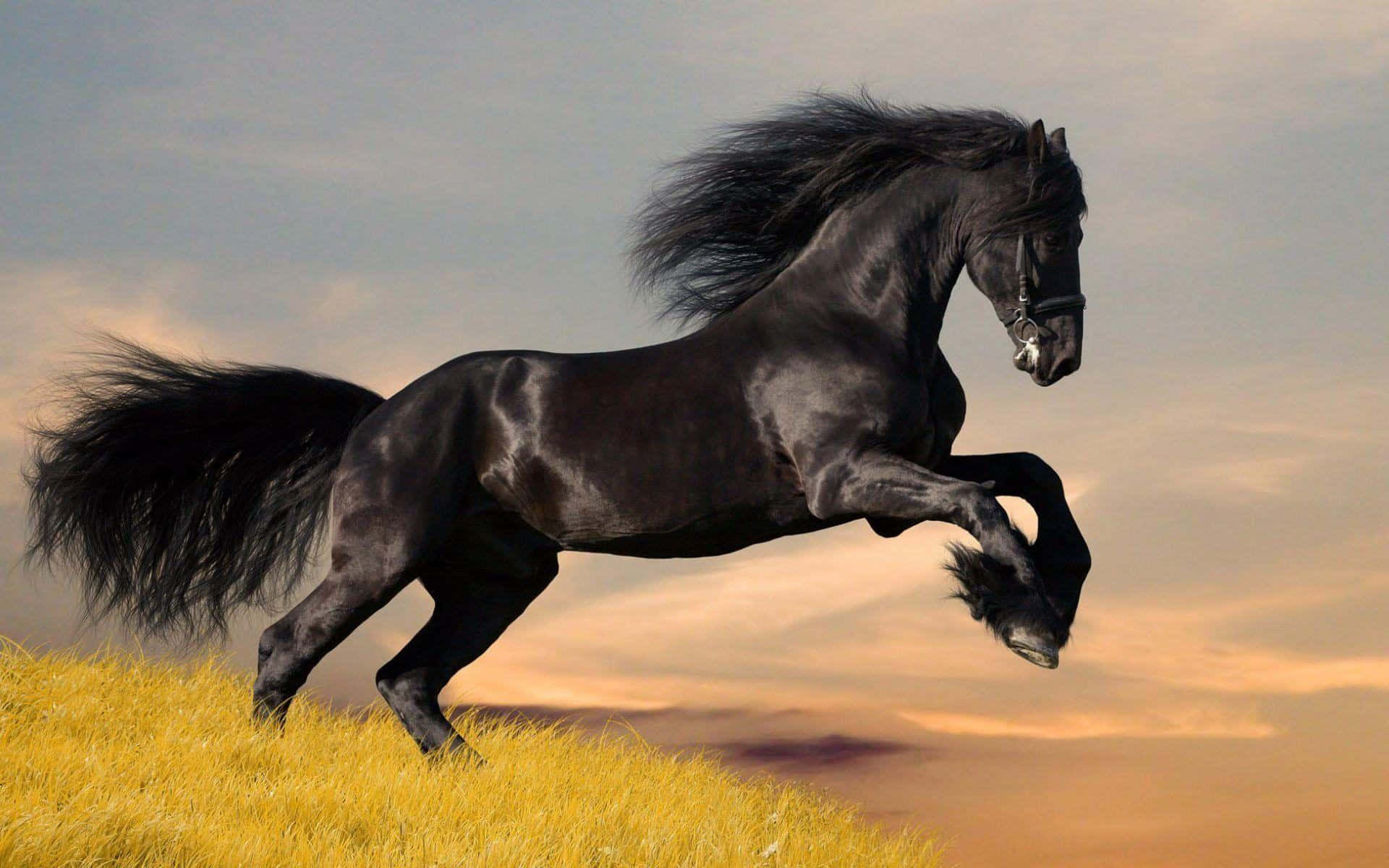 Mustang Horse 桌布 壁紙 — 一匹雄偉的黑馬在柔和的日落天空下，強而有力地躍過金色的草叢。
