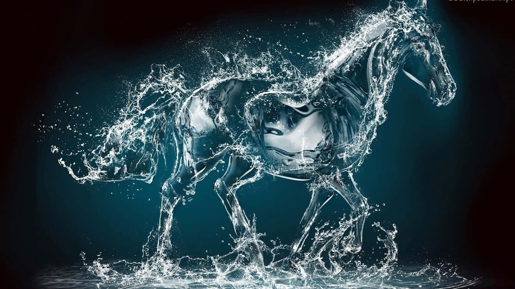  壁紙 — 一匹雄壯的馬匹在飛濺的水花中奔騰，其形態由動態的水滴在深藍綠色背景上勾勒出來。