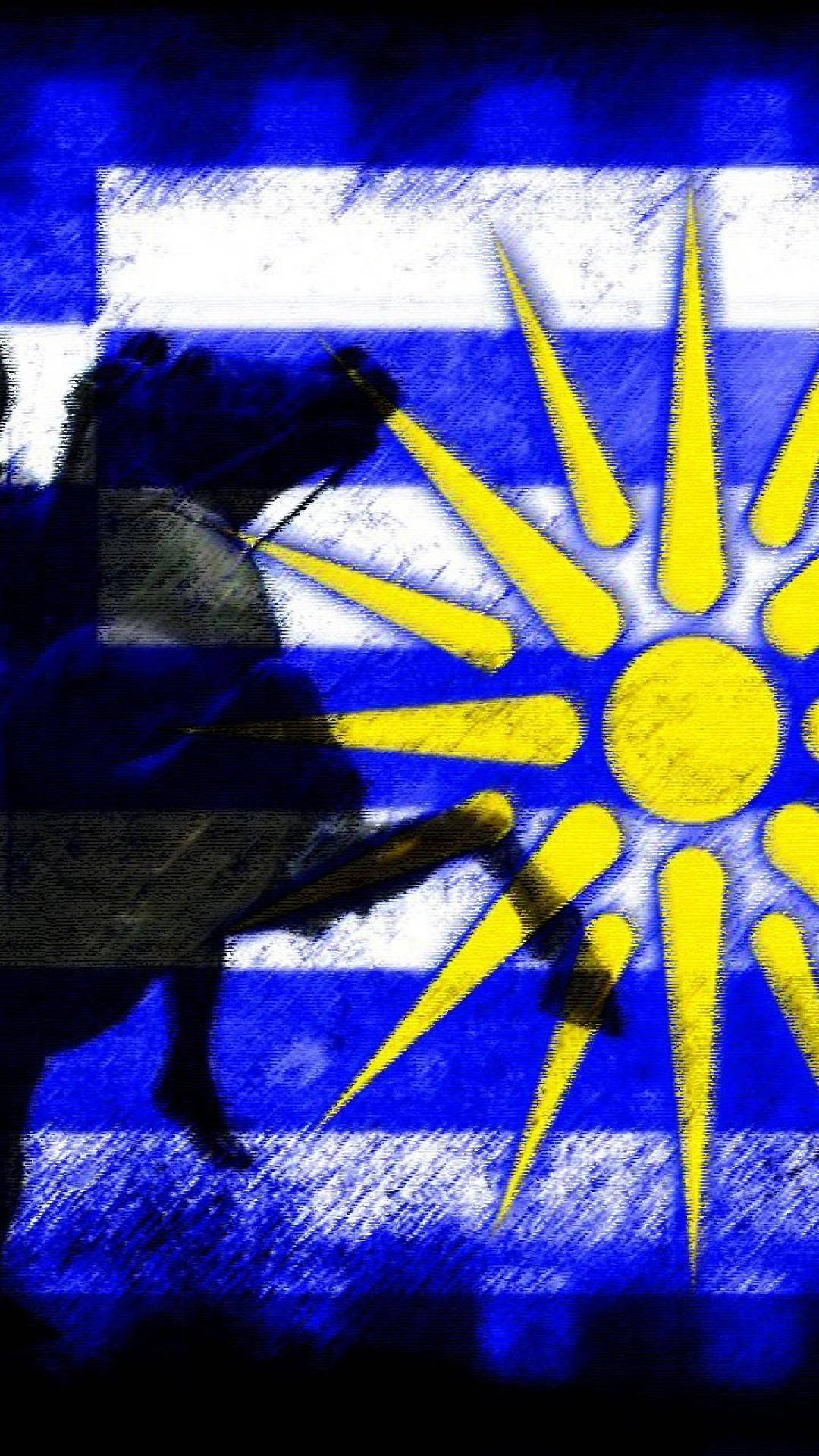 Macedonia 桌布 壁紙 — 一匹馬和騎手的黑色剪影疊加在一個風格化的藍白旗幟上，旗幟上有大膽的黃色太陽光芒。