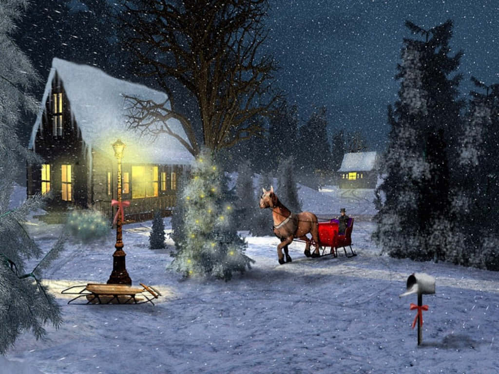 Christmas Winter Wonderland 桌布 壁紙 — 一匹馬拉著紅色雪橇穿過雪夜的村莊，雪花飄落在溫暖亮著燈的小屋和裝飾過的樹周圍。