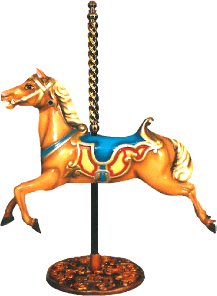 carousel 桌布 壁紙 — 一匹鮮橙色的旋轉木馬，配有藍色馬鞍和金色飾邊，立於裝飾底座上，背景為純黑色。