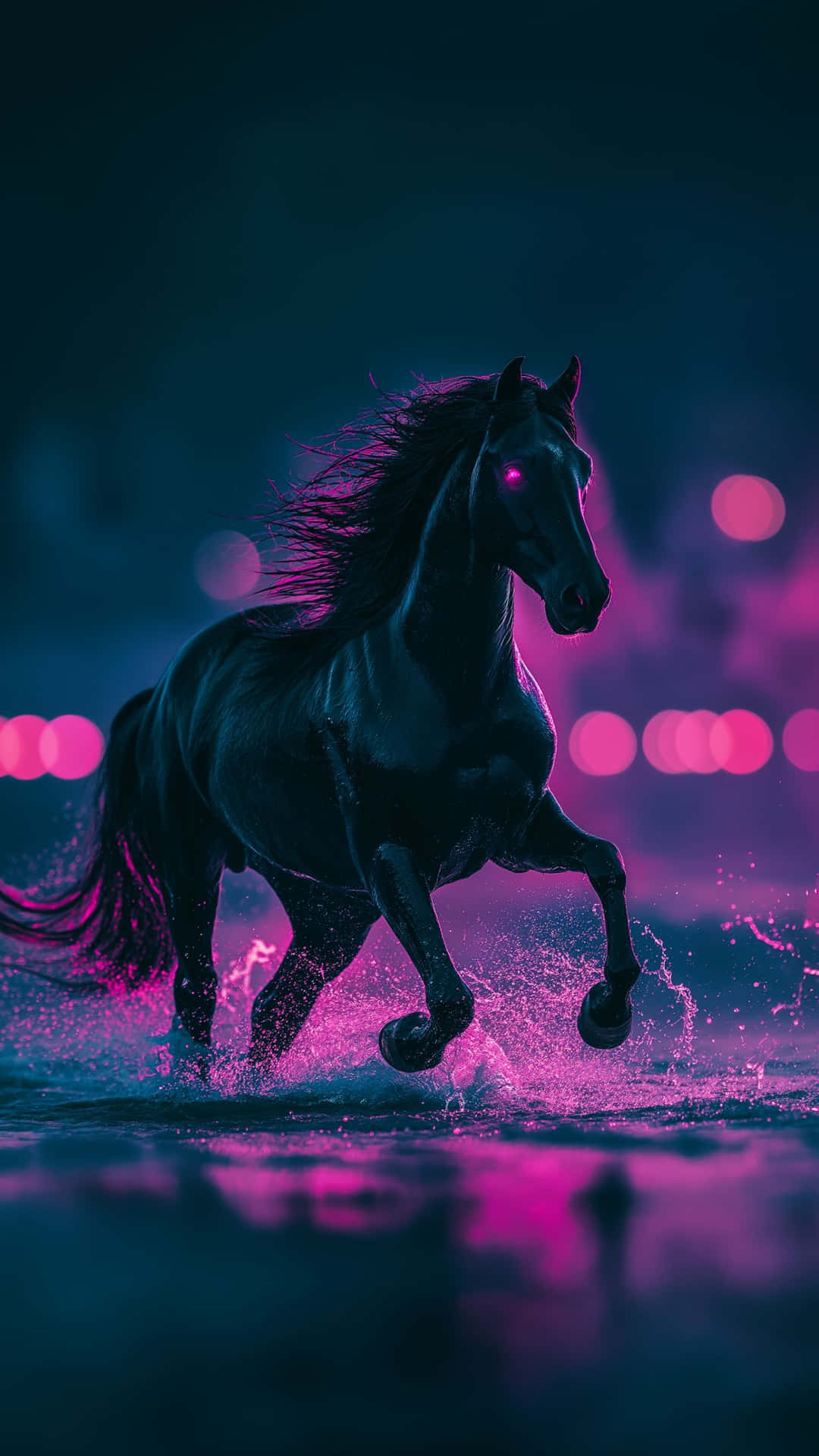 A majestic black horse with glowing magenta eyes galloping through illuminated water at night 壁紙 — 一匹黑馬在霓虹粉紅和藍色燈光下奔馳過水面，眼睛發光，水花四濺。
