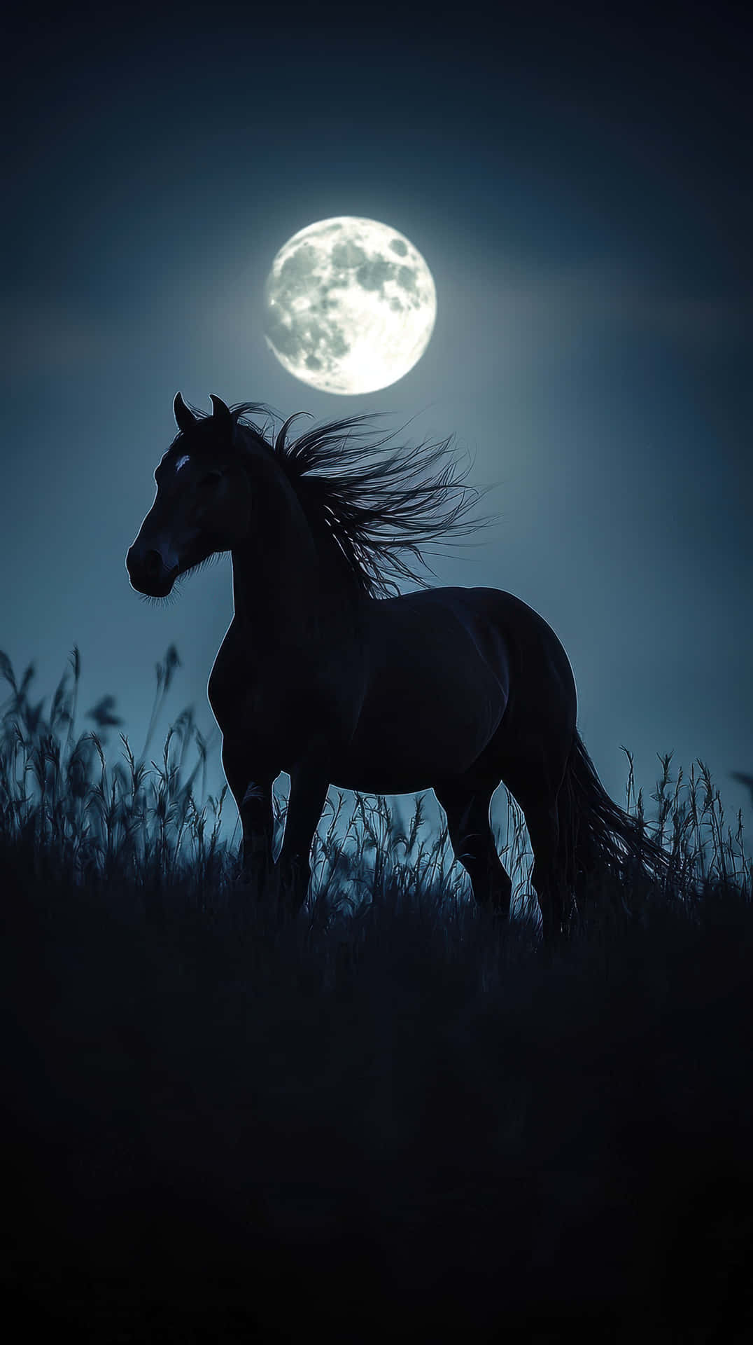 Majestic Black Horse Silhouetted Against a Full Moon at Night 壁紙 — 一匹黑馬在黑暗夜空下，於高草叢中映襯著明亮的滿月，形成剪影。
