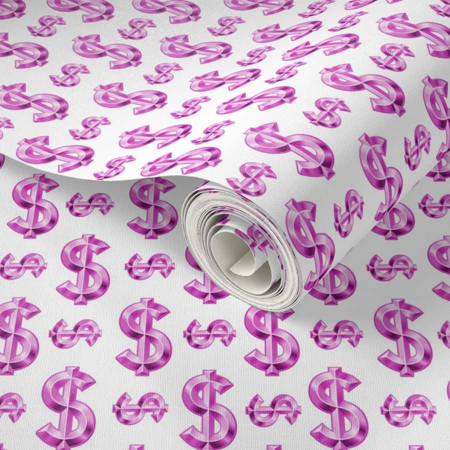 金錢 桌布 壁紙 — 一卷白色壁紙，上面佈滿閃亮金屬紫色的美元符號。
