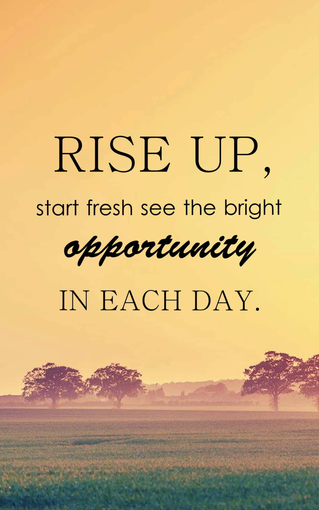 Inspirational Quotes 桌布 壁紙 — 一句勵志語錄疊加在寧靜的日出田野上，襯以樹木剪影和柔和的金色光芒。