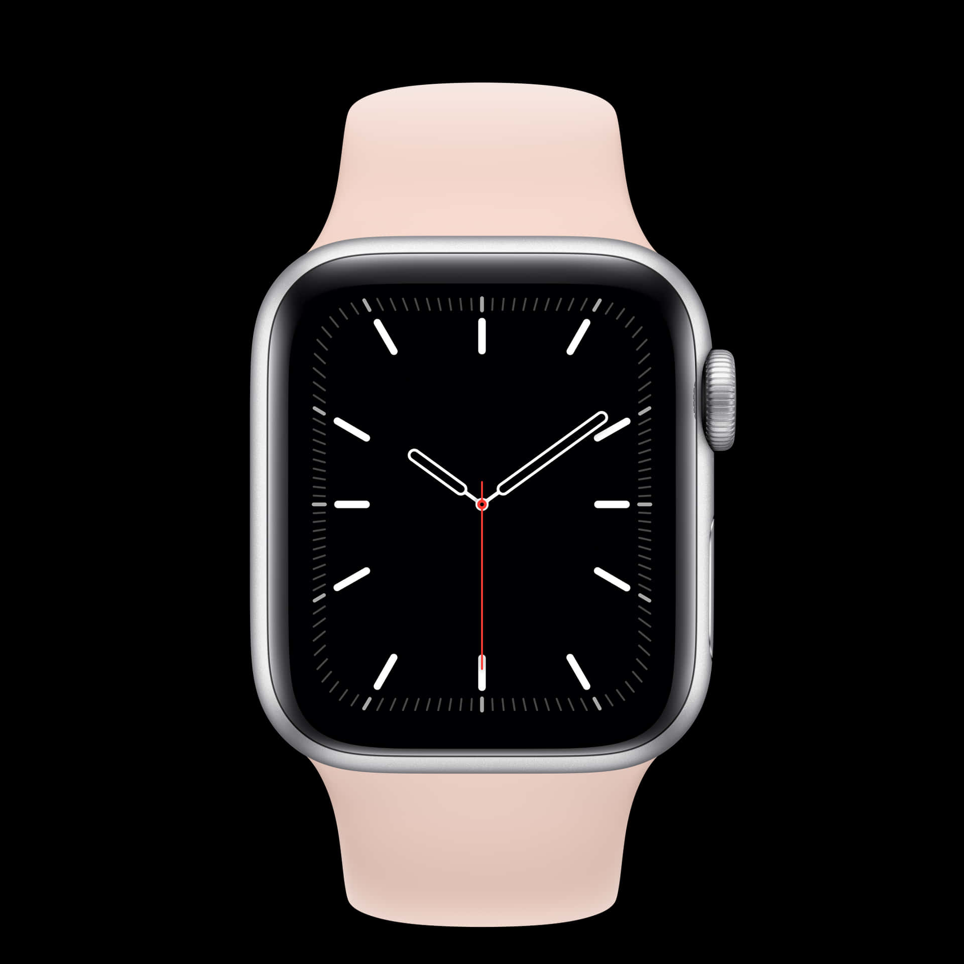 一只現代的銀色Apple Watch搭配淡粉紅色錶帶和極簡的時鐘面。 — Apple Watch 動態 壁紙
