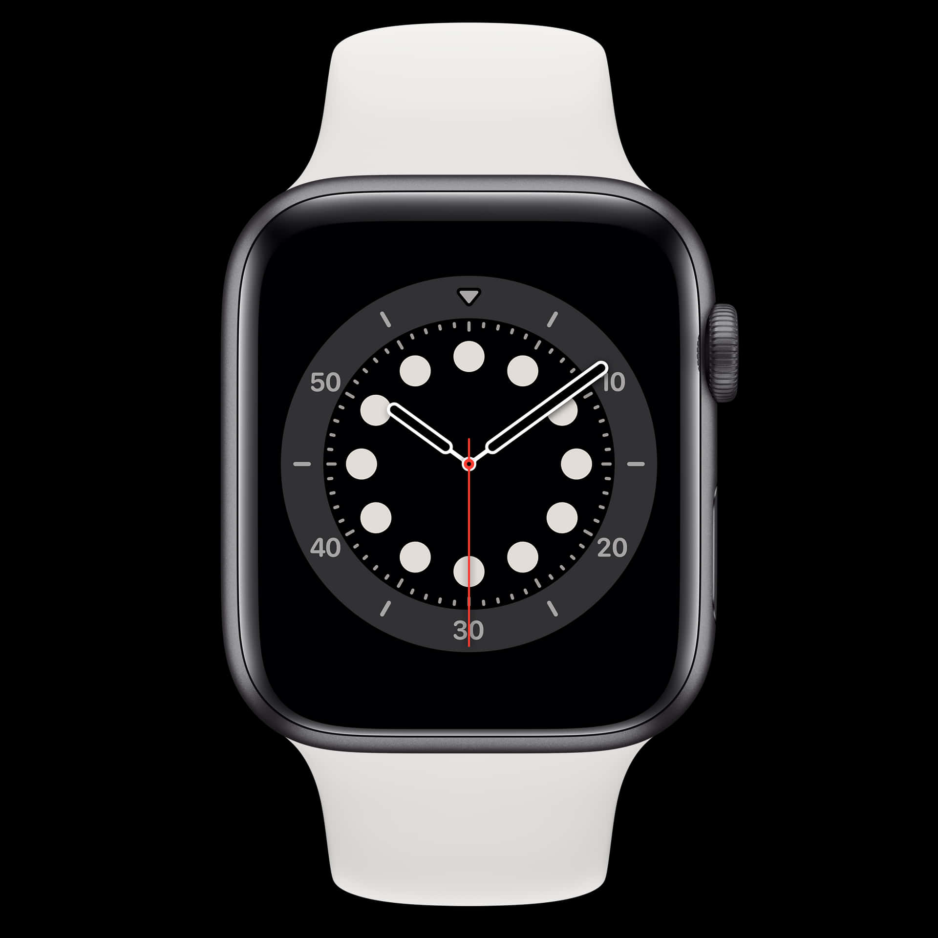 銀色Apple Watch配白色錶帶及極簡錶面，黑色背景 — Apple Watch 動態 壁紙