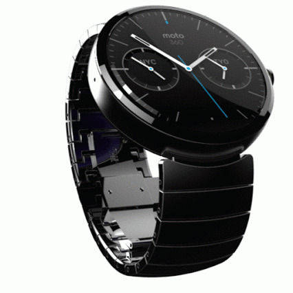 智慧手錶 桌布 壁紙 — 一只時尚的黑色Moto 360智慧手錶，配金屬錶帶，以3D渲染顯示在白色背景上。