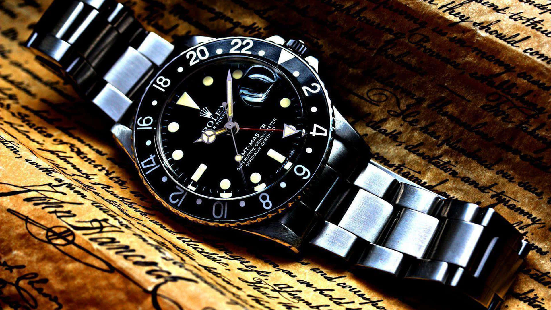 Rolex 桌布 壁紙 — 一只時尚的黑色勞力士GMT-Master II手錶，搭配不鏽鋼錶帶，放置在帶有優雅草書手寫字體的舊羊皮紙上。