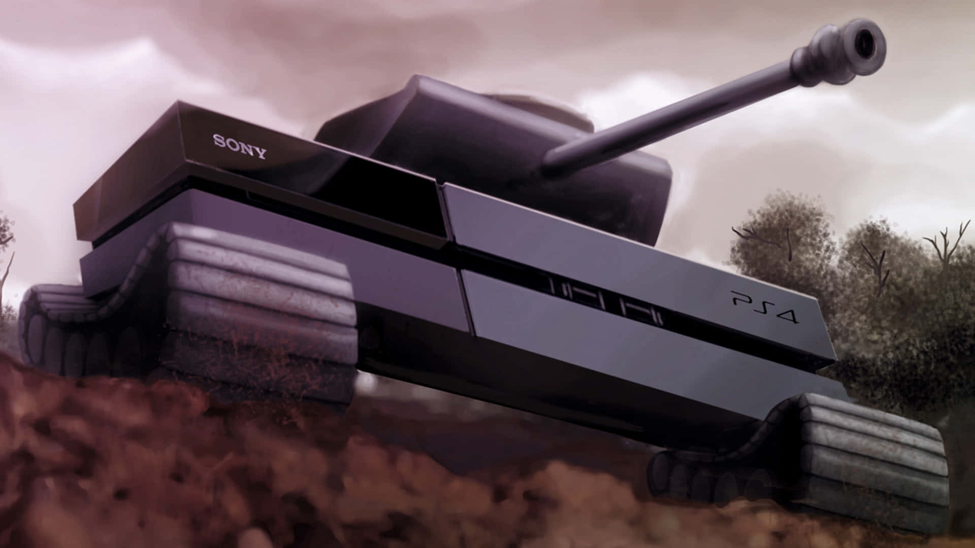 PlayStation 4 主機重新設計成坦克，在泥濘田野中，天空多雲 — Ps4 壁紙