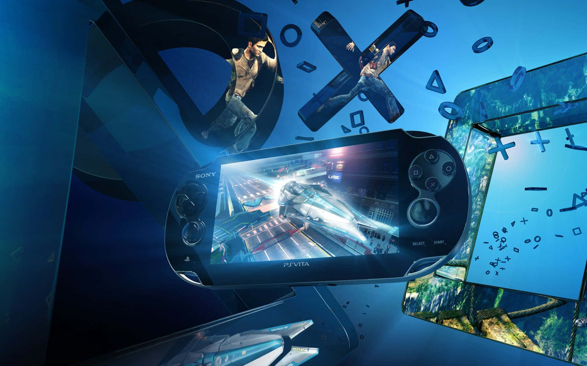 Ps Vita 桌布 壁紙 — 一台Sony PS Vita遊戲主機漂浮在深藍色數位背景上的浮動遊戲角色和符號之間。